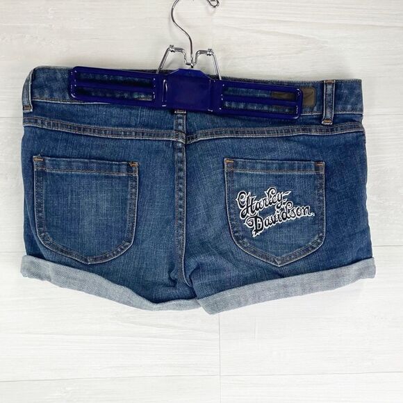 Harley Davidson Cuffed Mid-Rise Denim Embroidered Logo Shorts - Picture 1 of 6